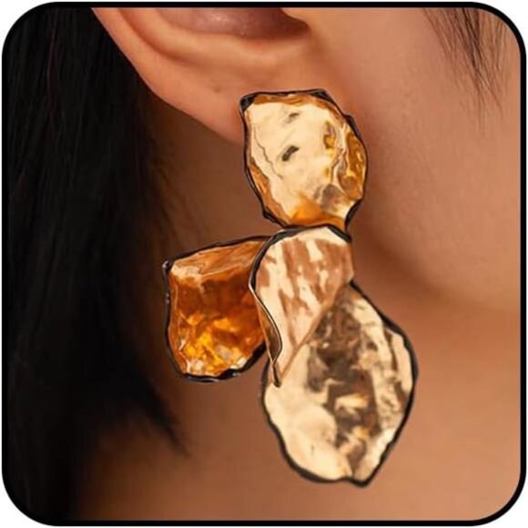 Big Statement Gold Flower Dangle Earrings – 14K Gold Plated Hammered Metal - Picture 2 of 6